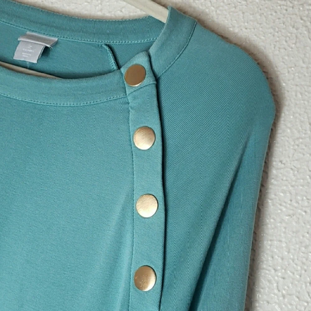 Chico's Teal Tunic Sweatshirt Prima Cotton Scoop Neck Gold Button Trim Size 2X - Picture 4 of 12